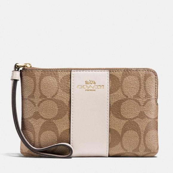 Coach Handbags - Coach Corner Zip Wristlet Signature Canvas Khaki